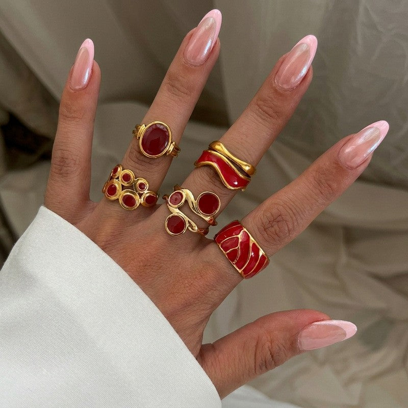 Classy Red Enamel Geometric Ring Set