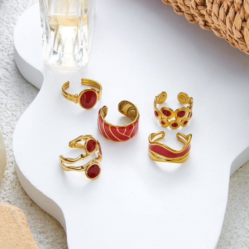 Classy Red Enamel Geometric Ring Set