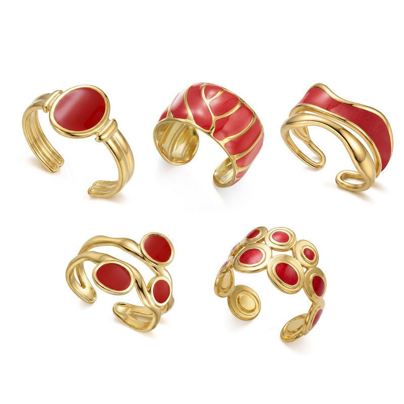 Classy Red Enamel Geometric Ring Set