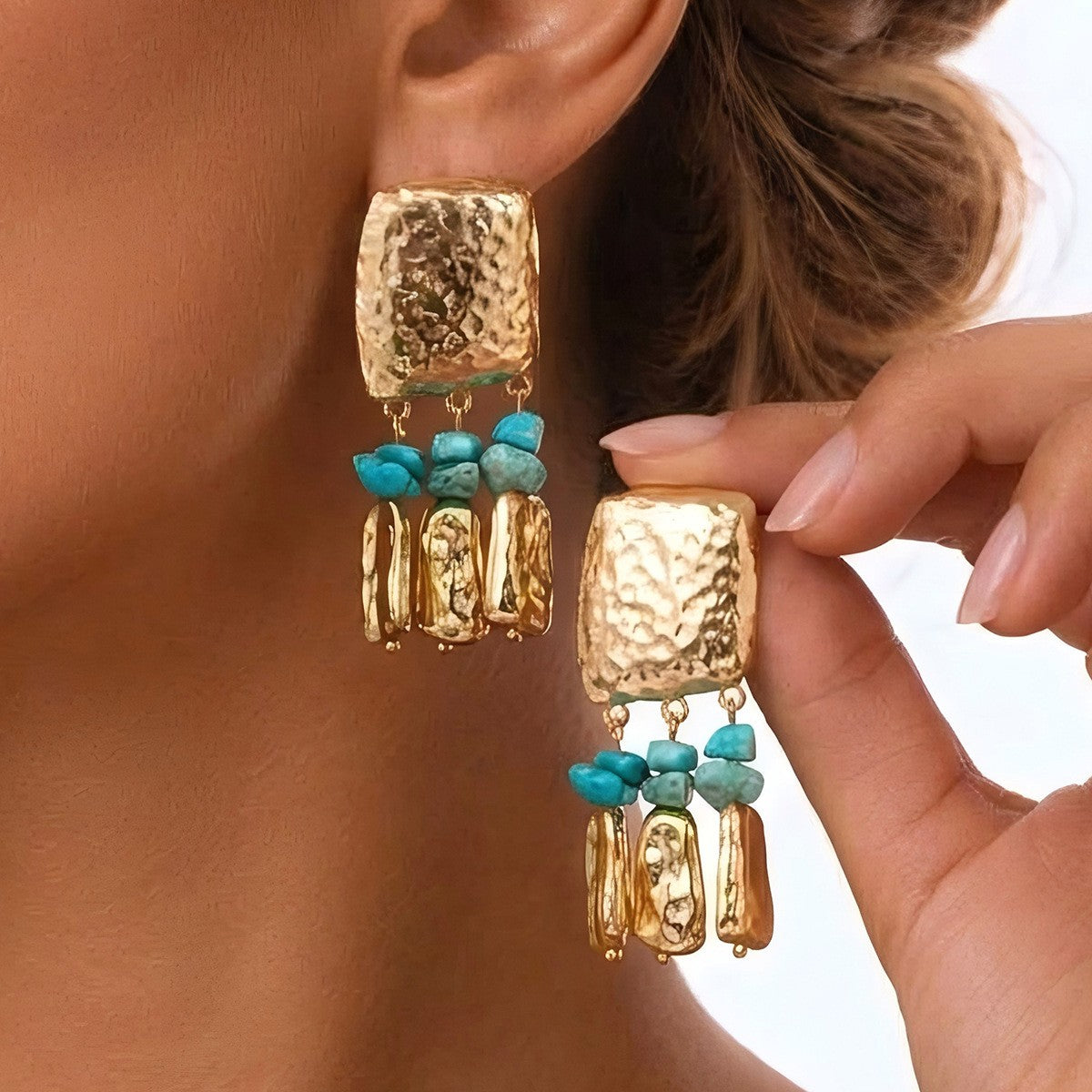 Boho Hammered Square Turquoise Drop Earrings
