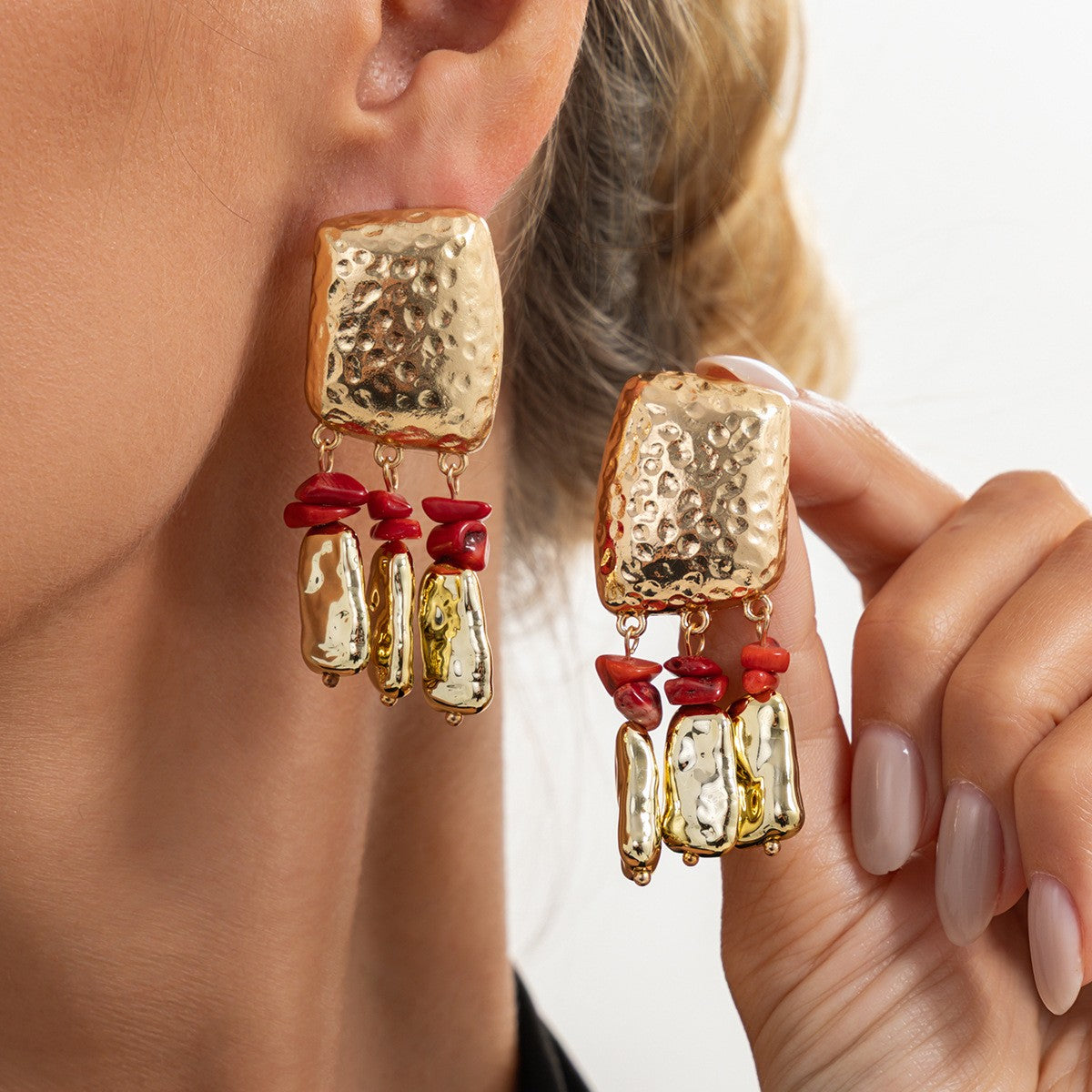 Boho Hammered Square Turquoise Drop Earrings