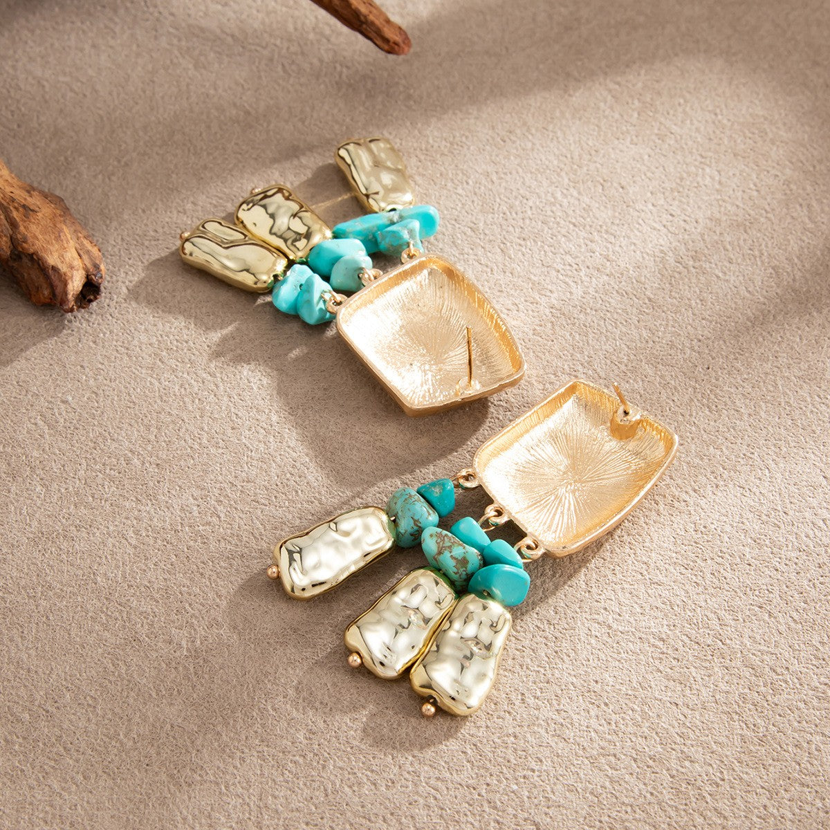 Boho Hammered Square Turquoise Drop Earrings