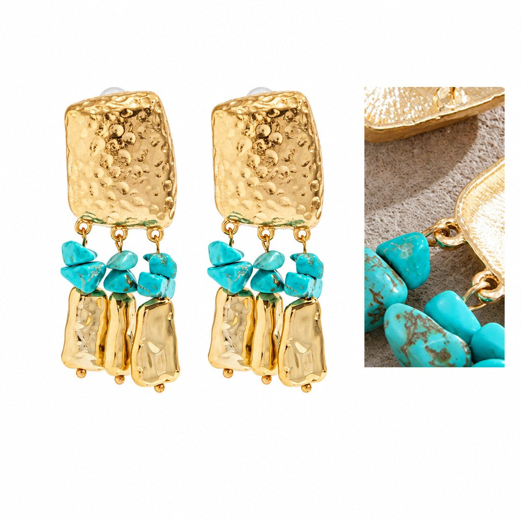 Boho Hammered Square Turquoise Drop Earrings