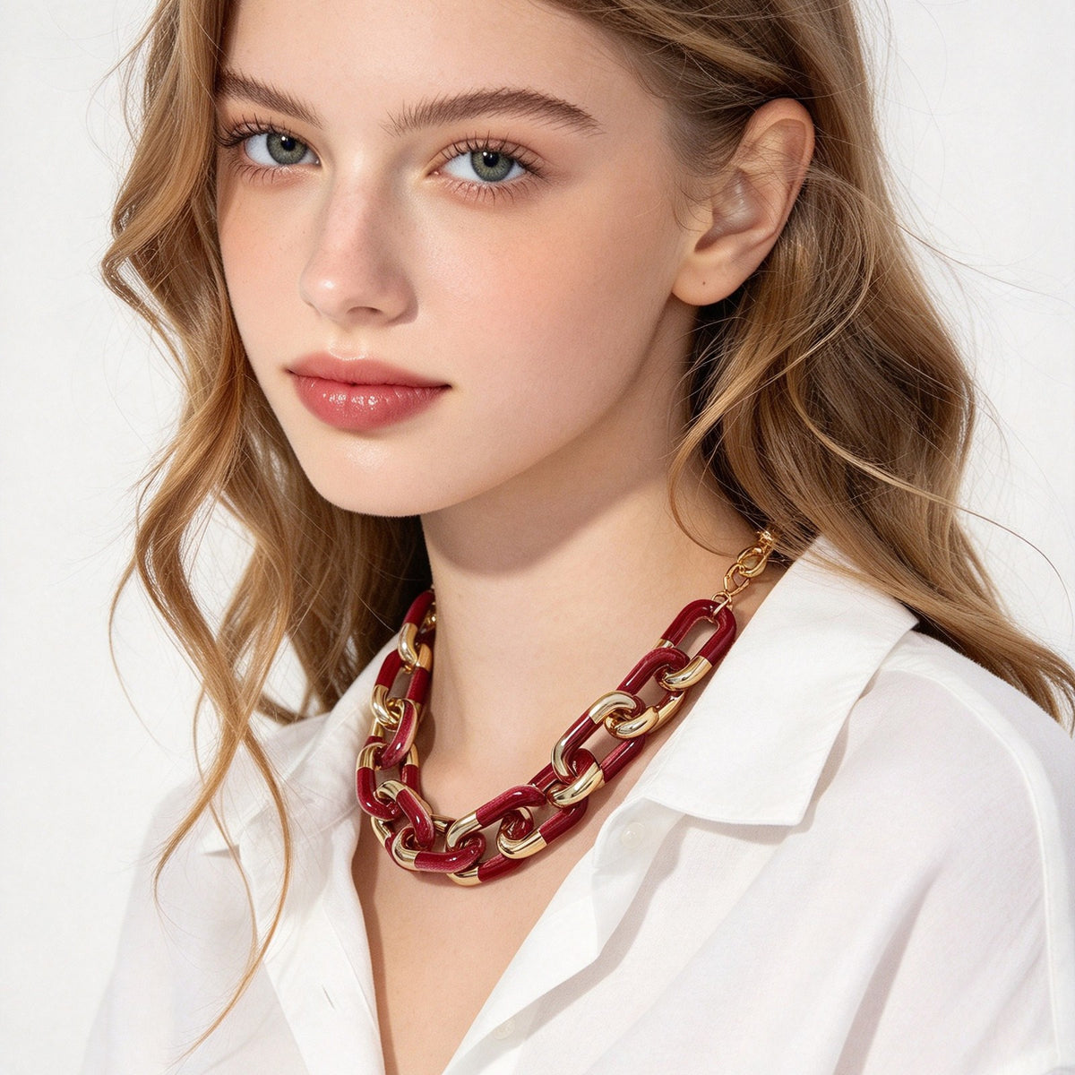 Vintage Red Geometric Chain Collar Necklace