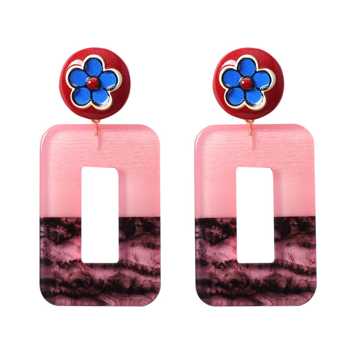 Vintage Red Geometric Floral Acrylic Drop Earrings