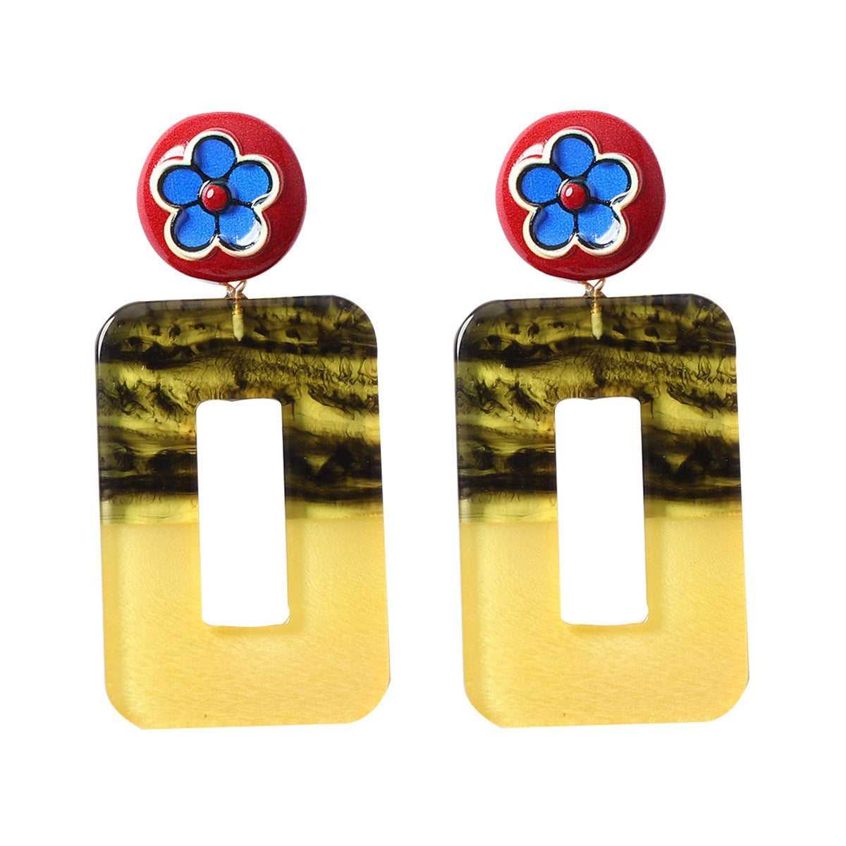 Vintage Red Geometric Floral Acrylic Drop Earrings