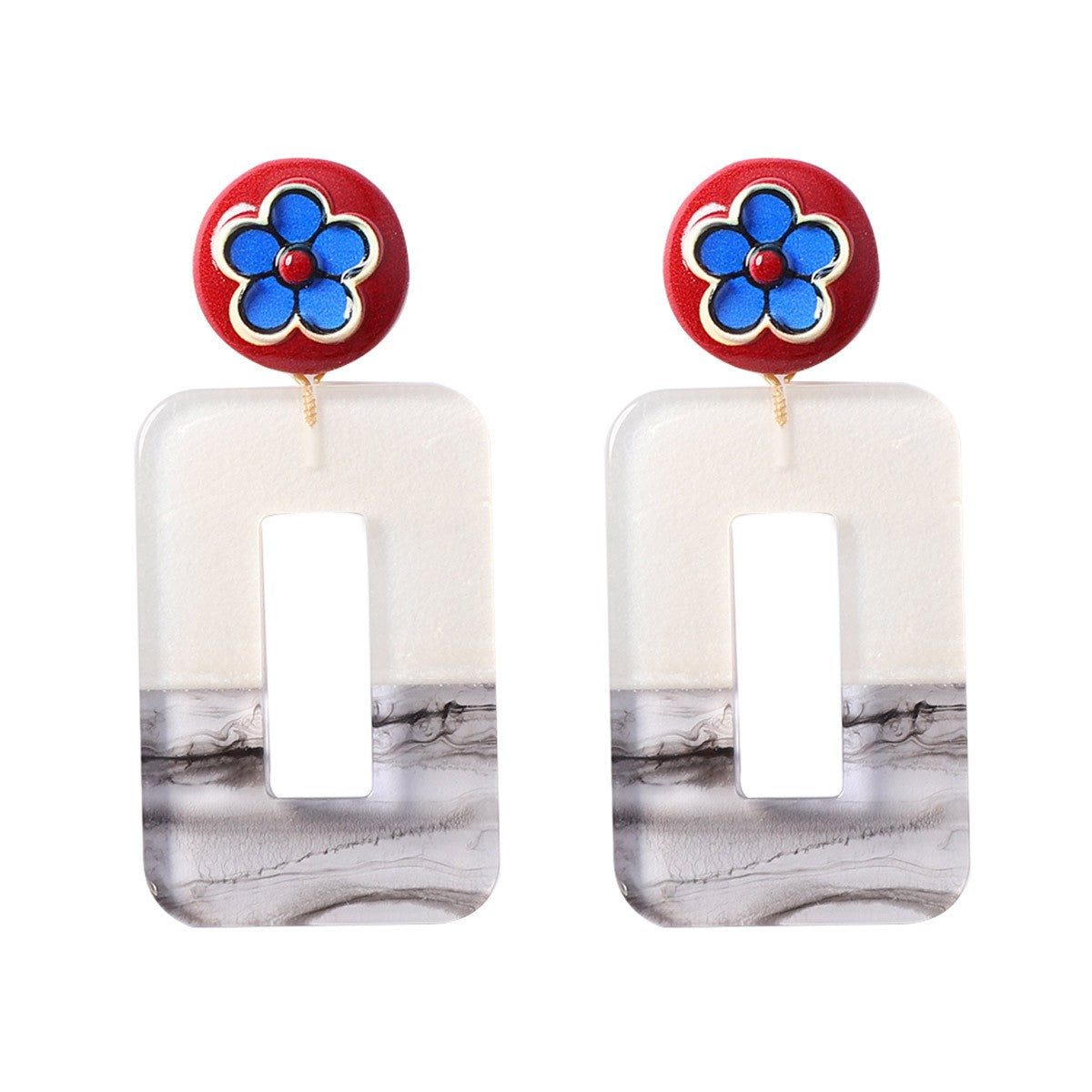 Vintage Red Geometric Floral Acrylic Drop Earrings