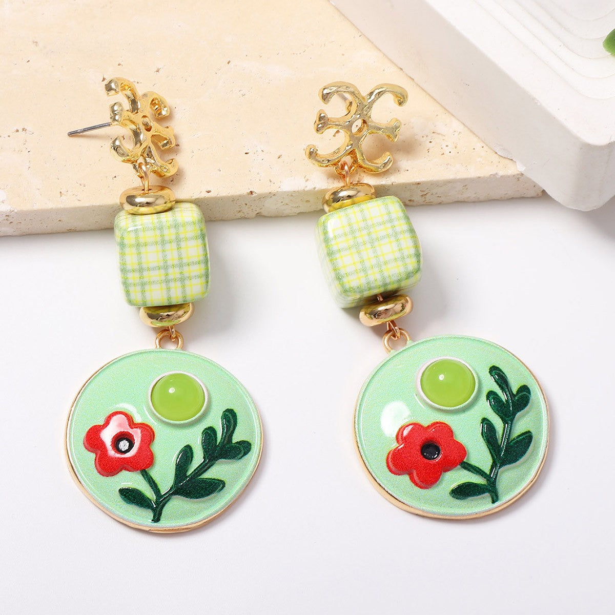 Classy Teal Enamel Flower Drop Earrings