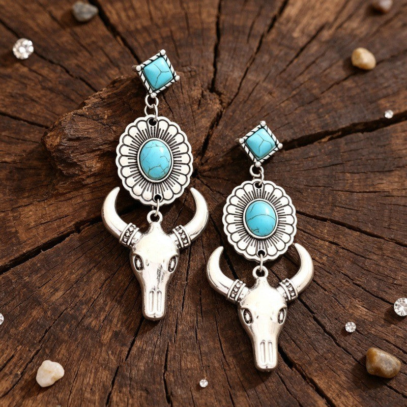 Boho Turquoise Bull Skull Dangle Earrings