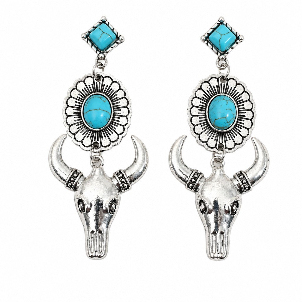 Boho Turquoise Bull Skull Dangle Earrings