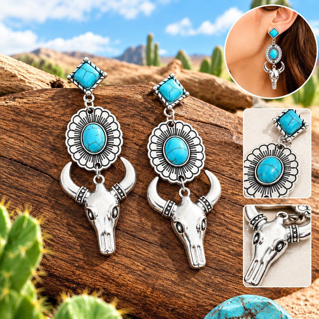 Boho Turquoise Bull Skull Dangle Earrings