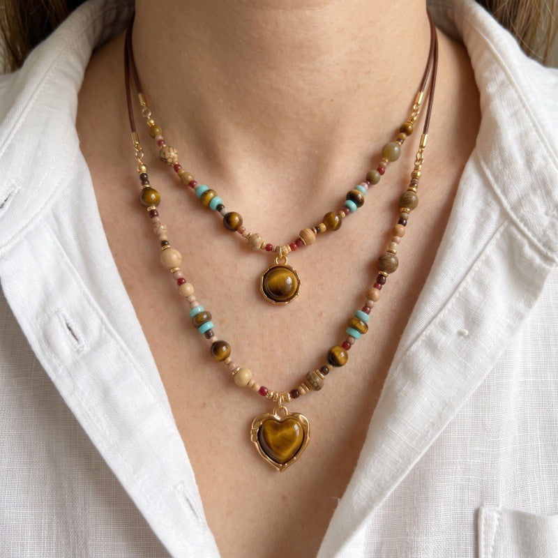 Boho Tiger Eye Heart Layered Necklace