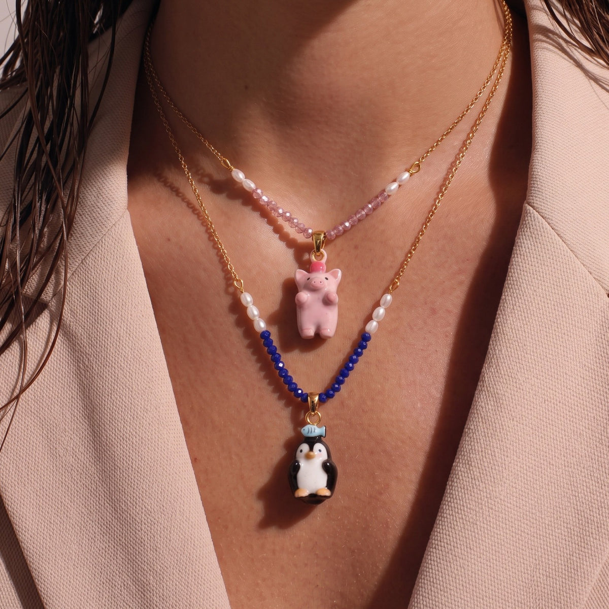 Dainty Layered Penguin & Pig Beaded Necklace