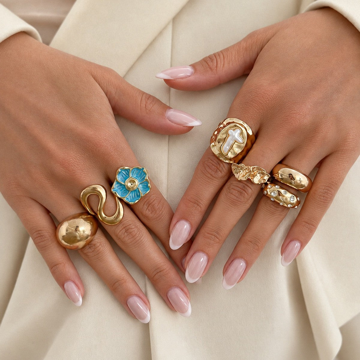 Classy Enamel Flower & Geometric Ring Set