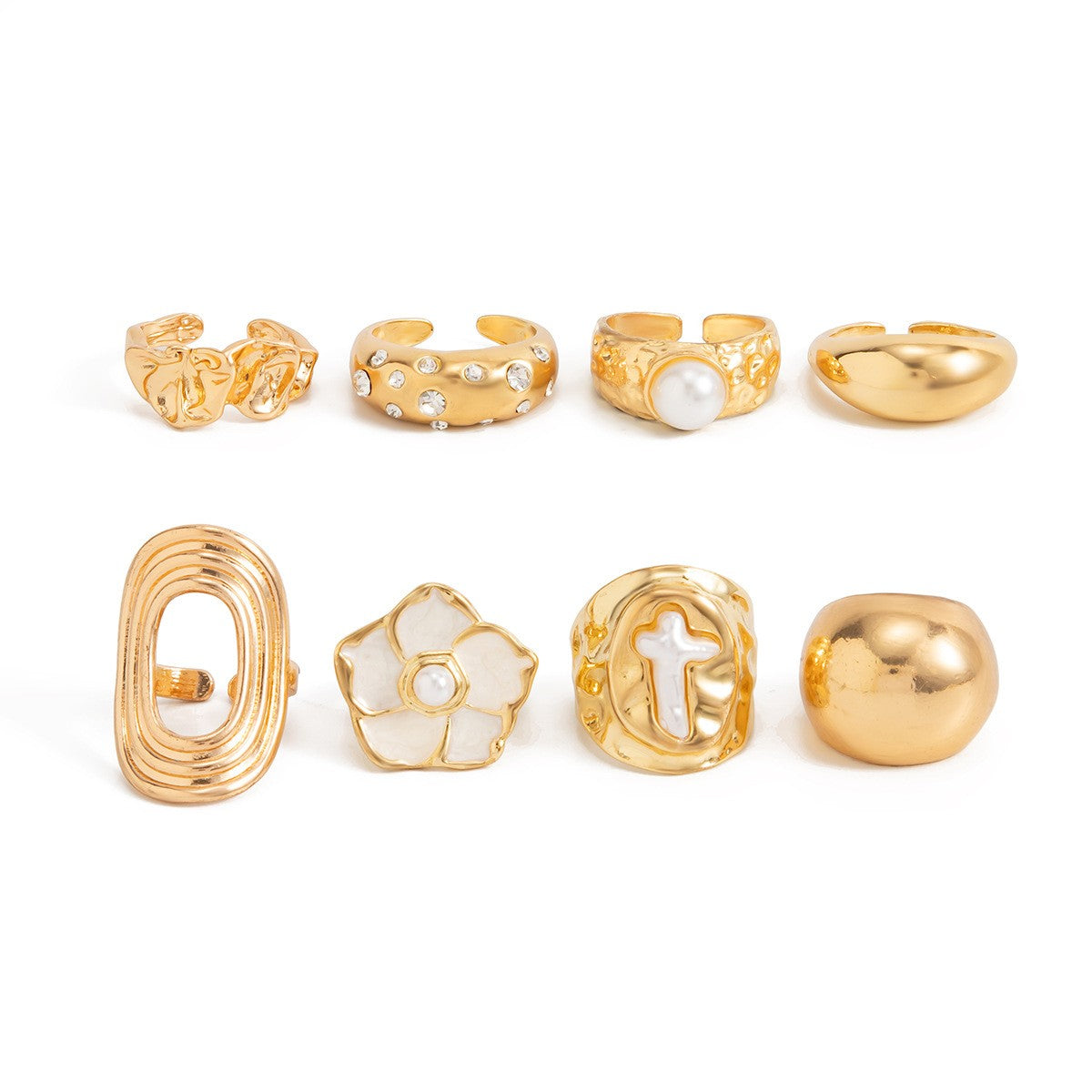 Classy Enamel Flower & Geometric Ring Set