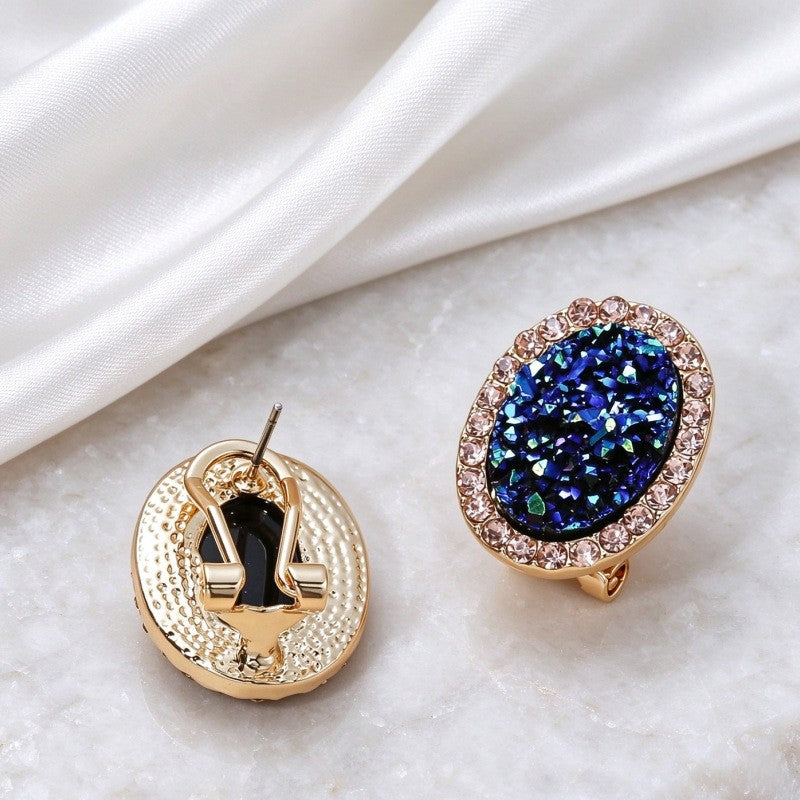 Classy Blue Glitter Oval Clip Earrings