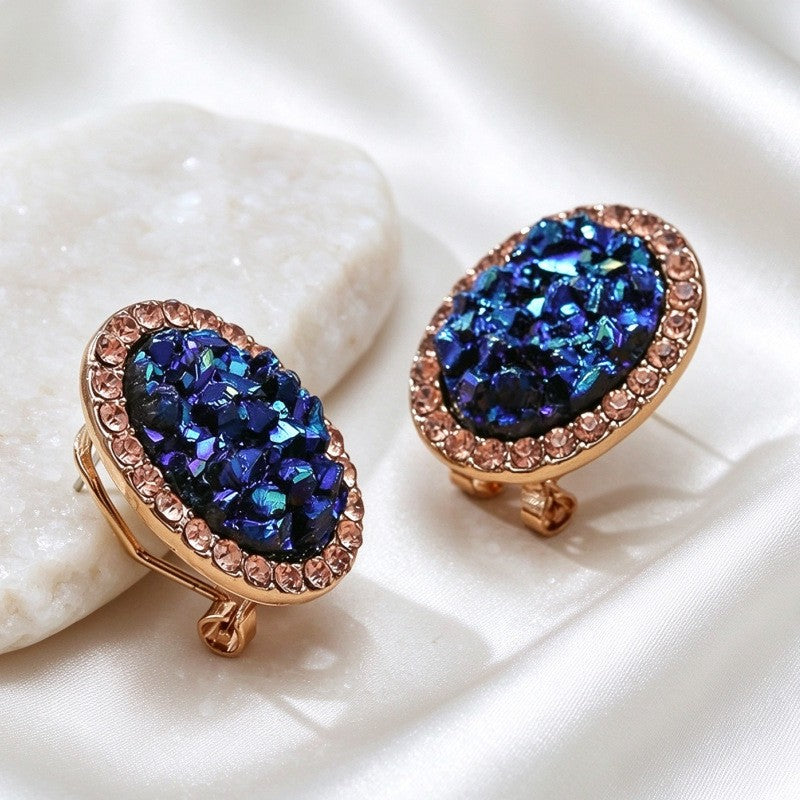 Classy Blue Glitter Oval Clip Earrings