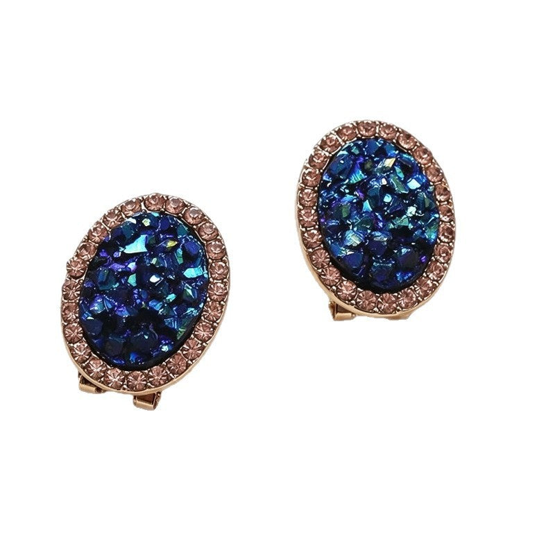 Classy Blue Glitter Oval Clip Earrings