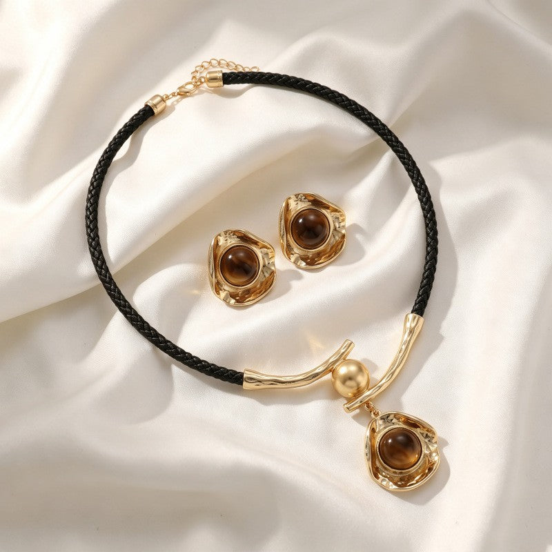 Classy Tiger Eye Textured Cord Necklace & Earring Set