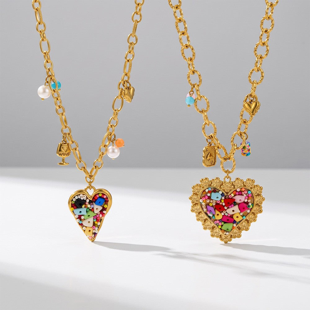 Boho Colorful Beaded Heart Pendant Necklace