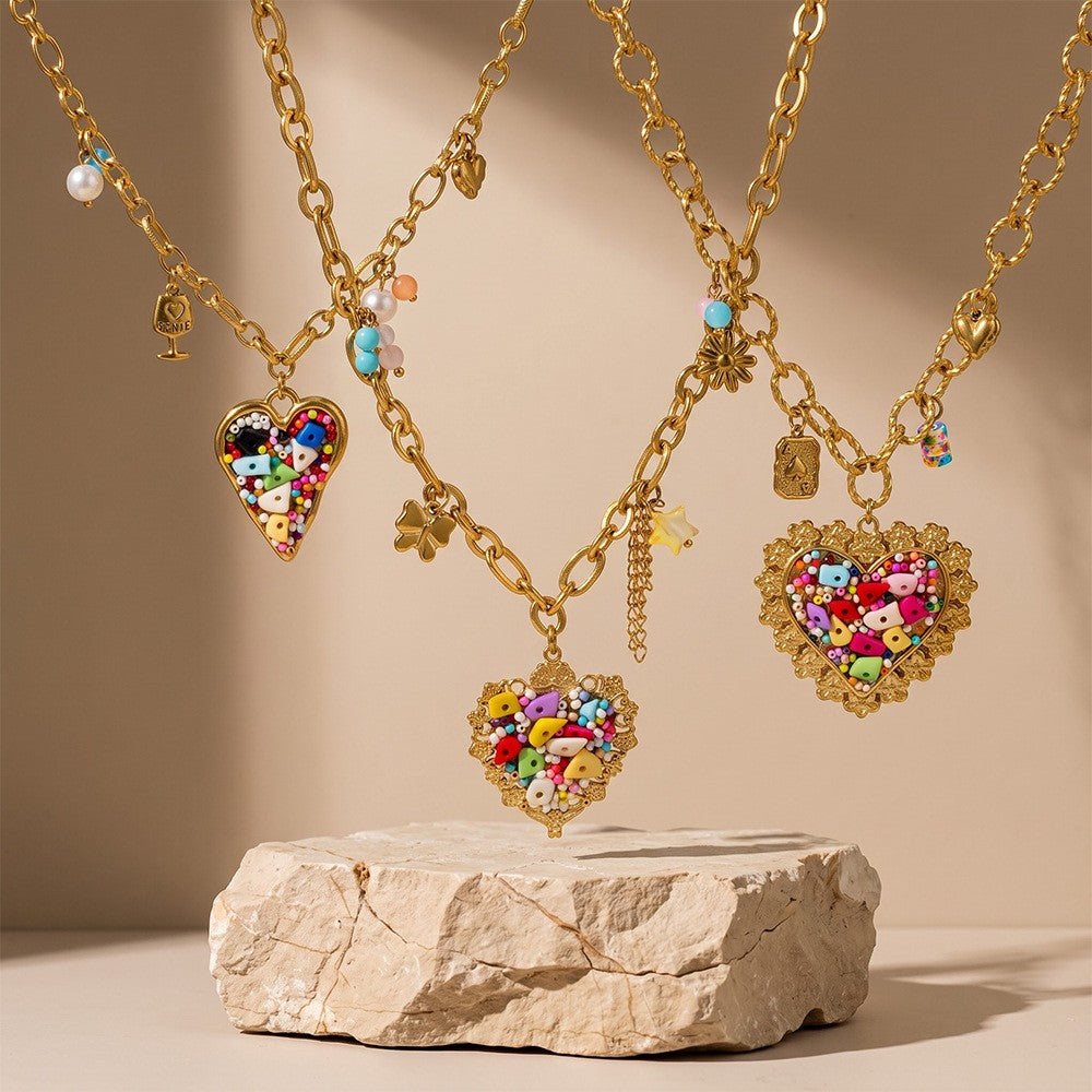 Boho Colorful Beaded Heart Pendant Necklace