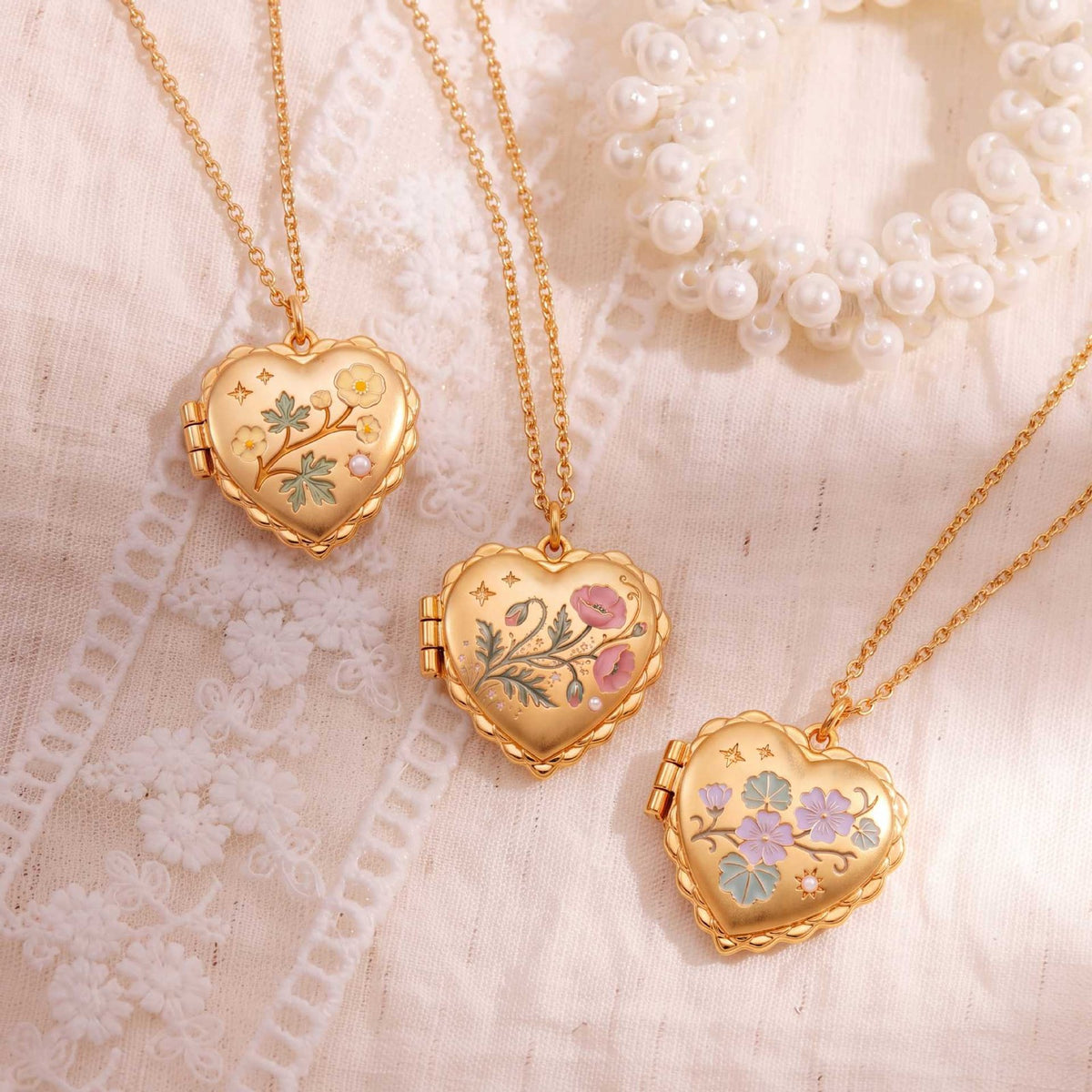 Romantic Enamel Wildflower Heart Locket Necklace