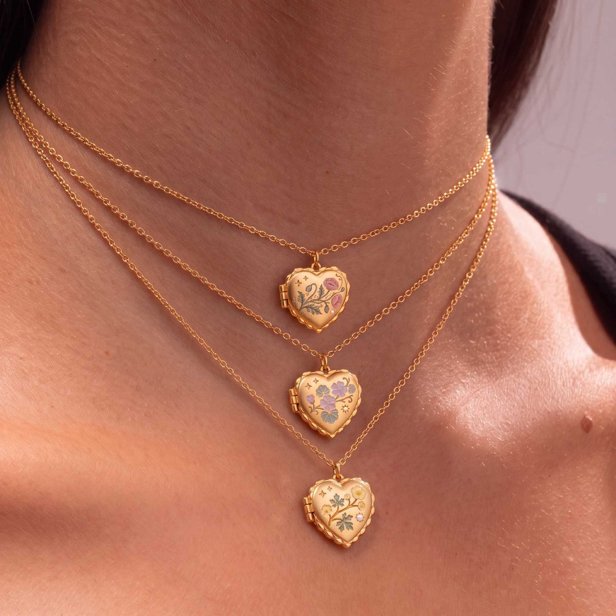 Romantic Enamel Wildflower Heart Locket Necklace