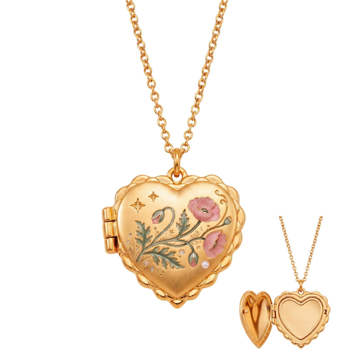 Romantic Enamel Wildflower Heart Locket Necklace