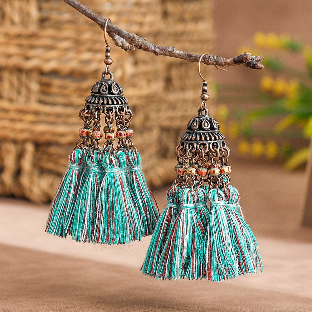 Boho Vintage Turquoise Fan Tassel Earrings