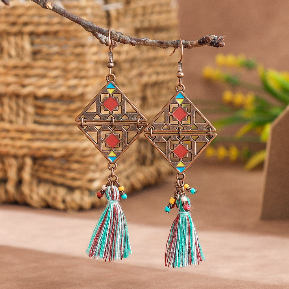 Boho Vintage Turquoise Fan Tassel Earrings