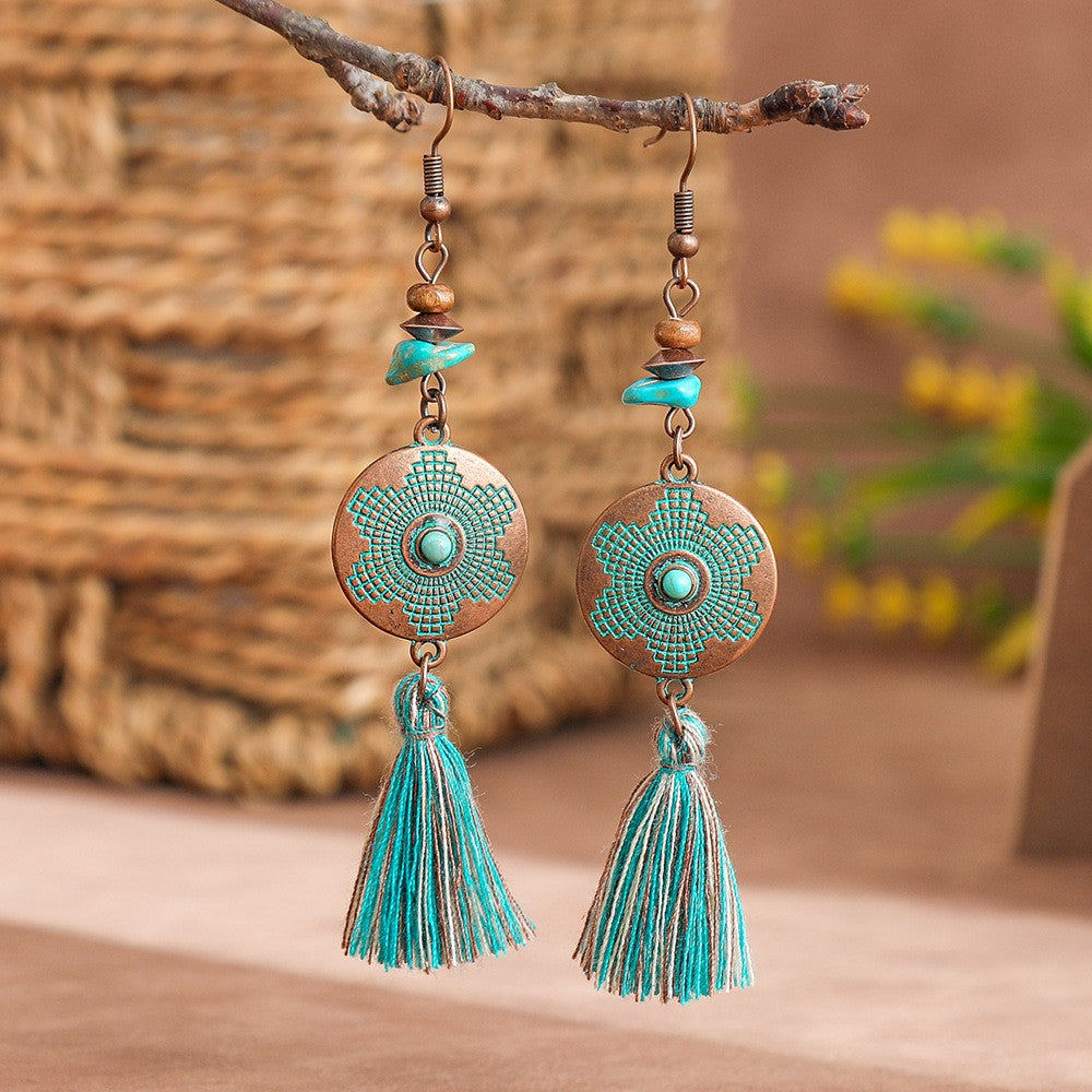 Boho Vintage Turquoise Fan Tassel Earrings