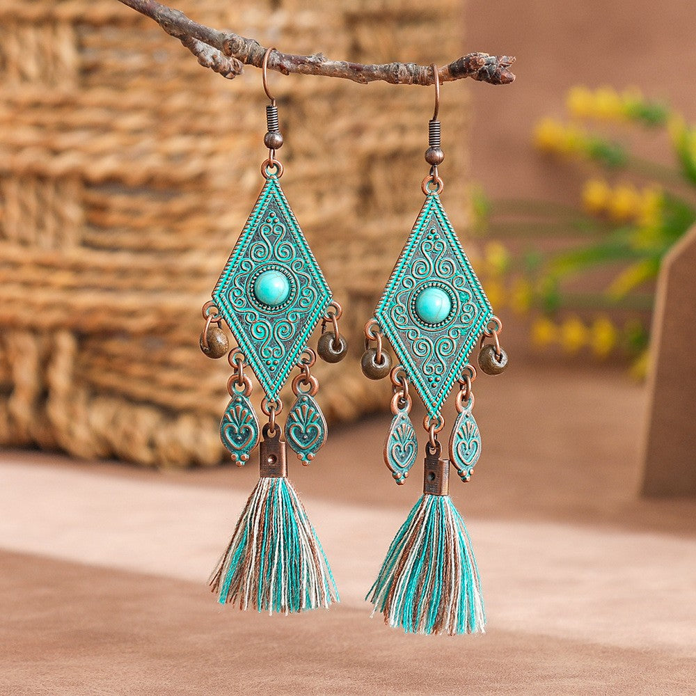 Boho Vintage Turquoise Fan Tassel Earrings