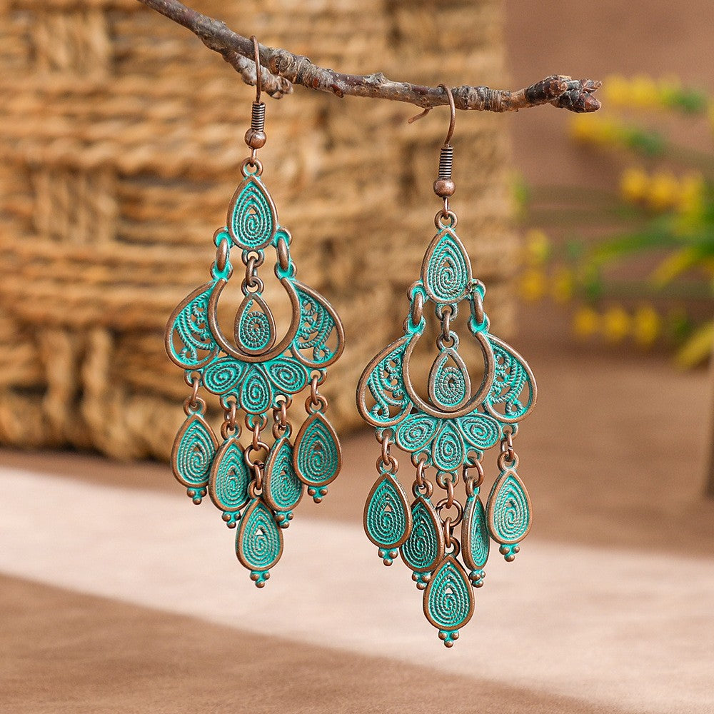 Boho Vintage Turquoise Fan Tassel Earrings