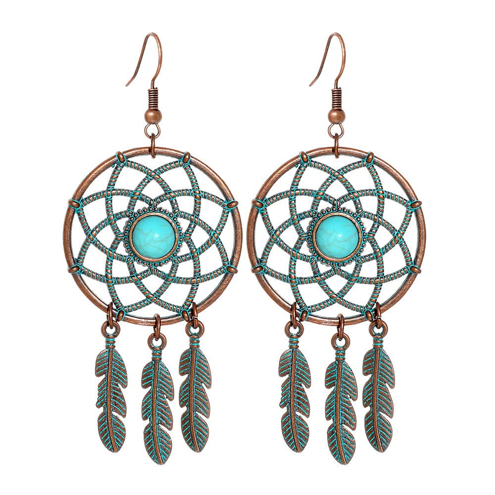Boho Vintage Turquoise Fan Tassel Earrings