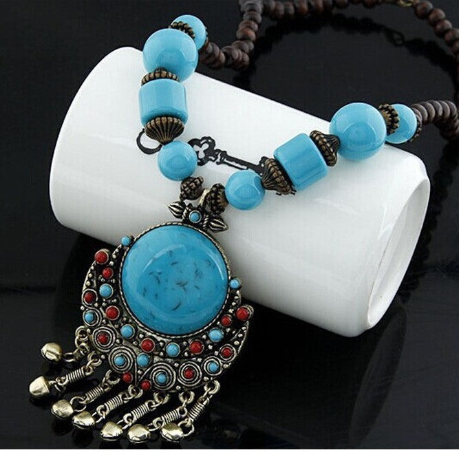 Boho Turquoise Stone Bell Pendant Necklace