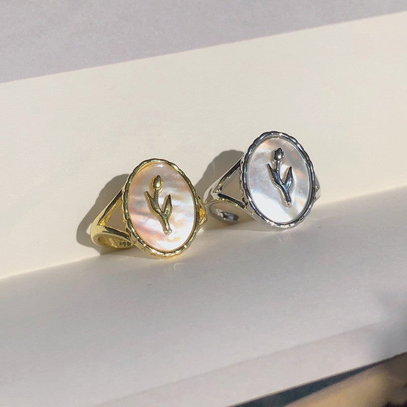 Dainty Mother of Pearl Leaf Signet Ring