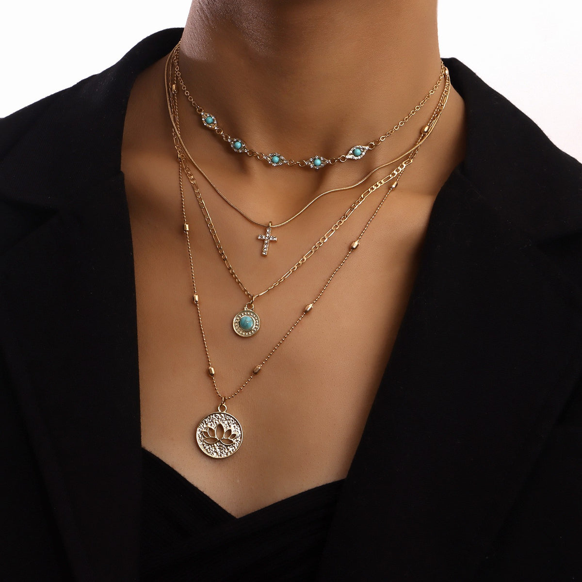 Boho Layered Turquoise Cross Medallion Necklace