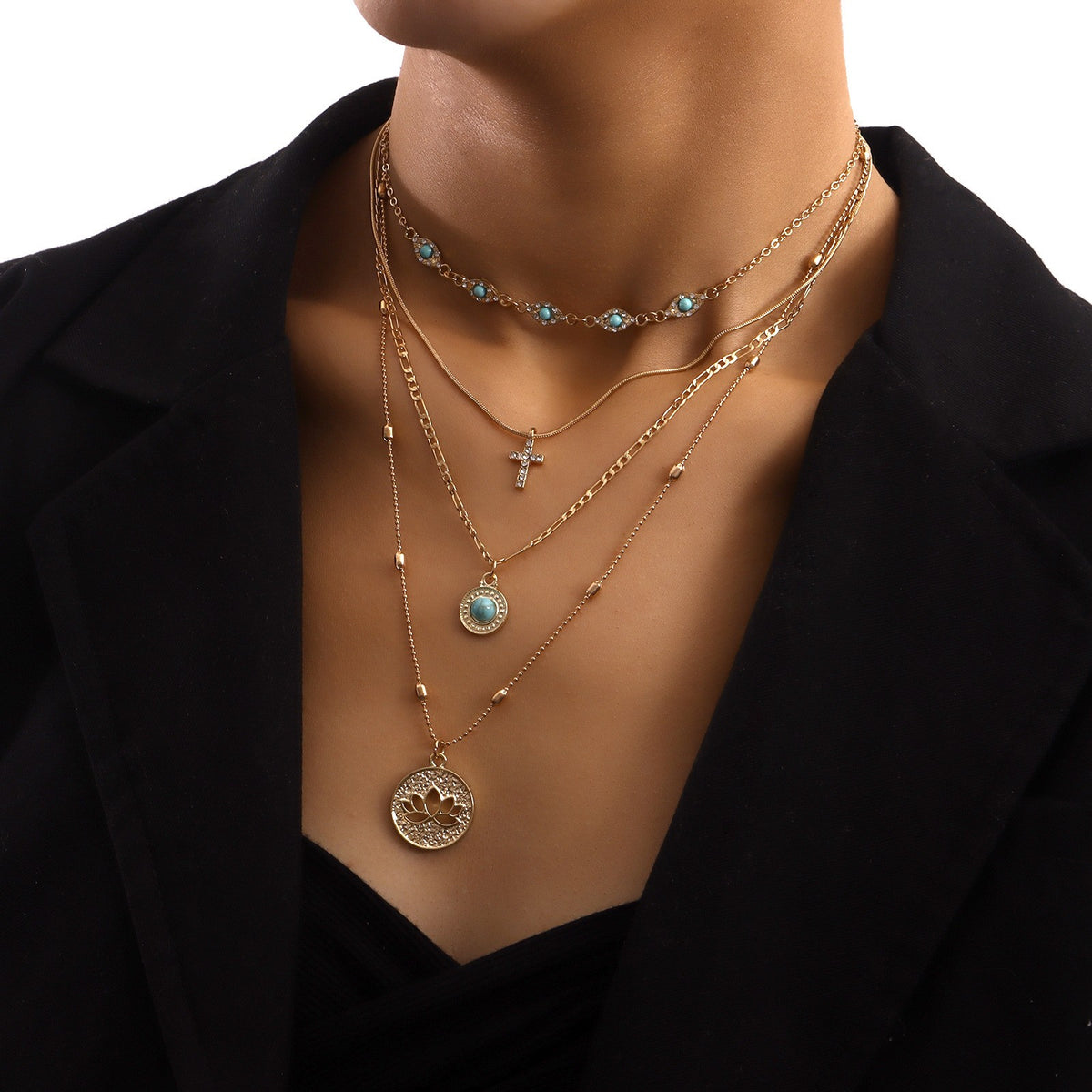 Boho Layered Turquoise Cross Medallion Necklace