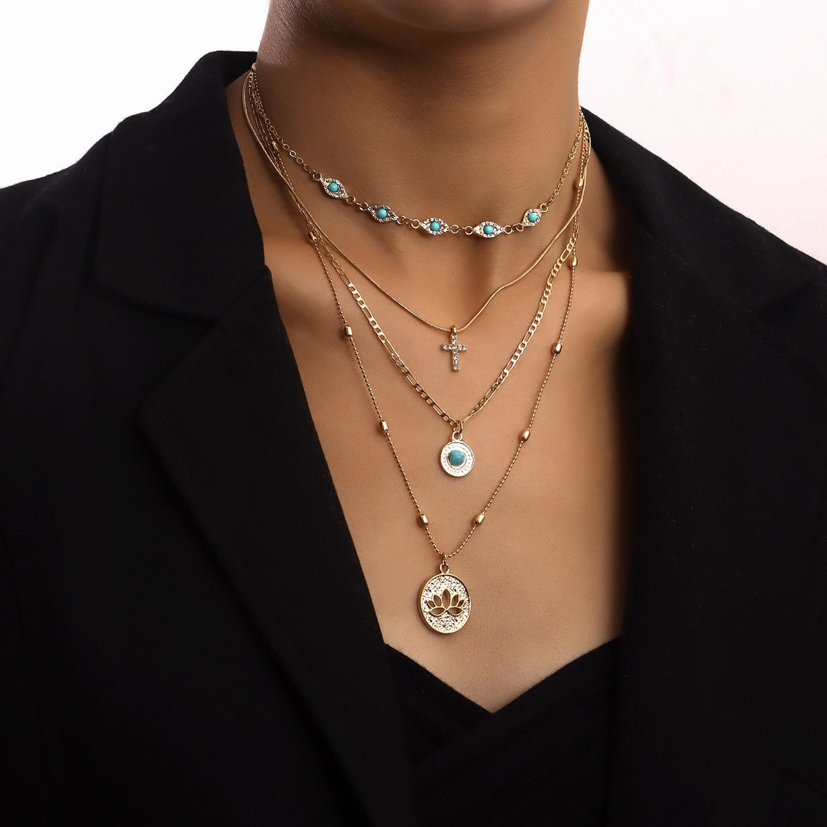 Boho Layered Turquoise Cross Medallion Necklace