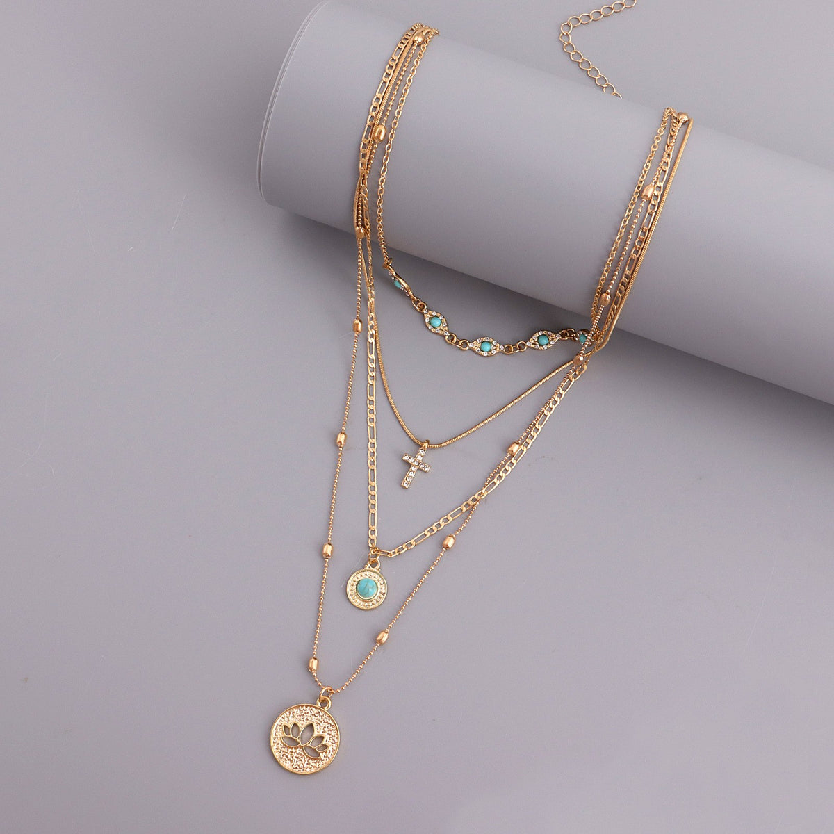Boho Layered Turquoise Cross Medallion Necklace