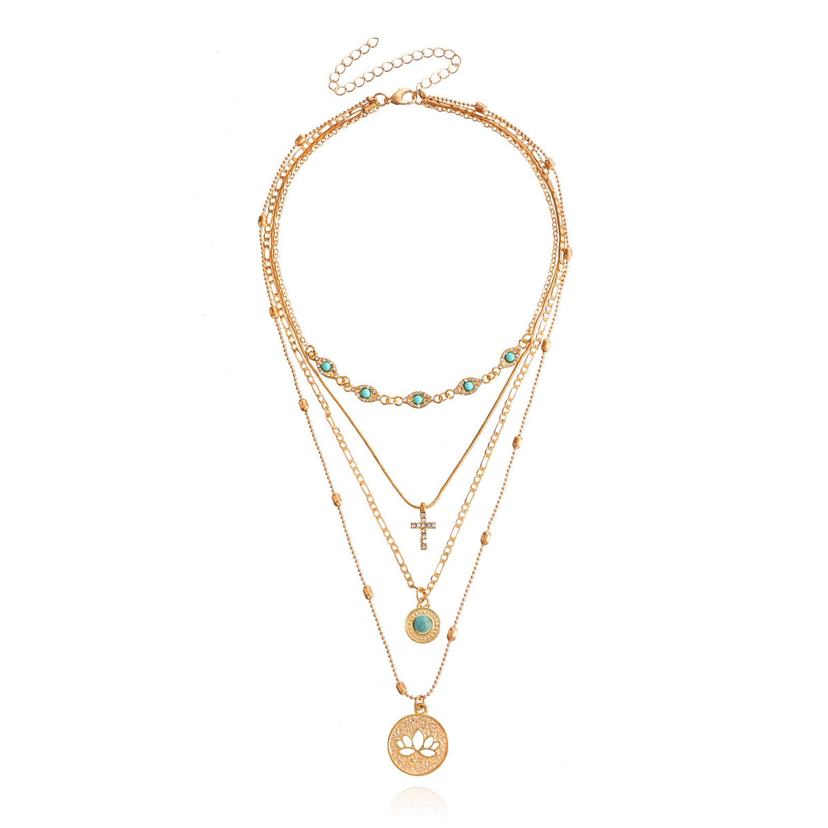 Boho Layered Turquoise Cross Medallion Necklace