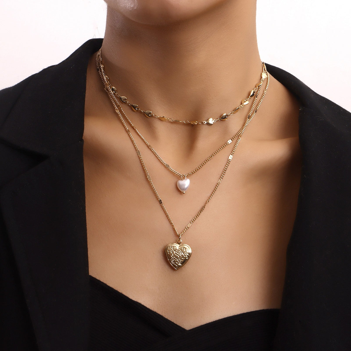 Romantic Multi-Layer Faux Pearl Heart Locket Necklace
