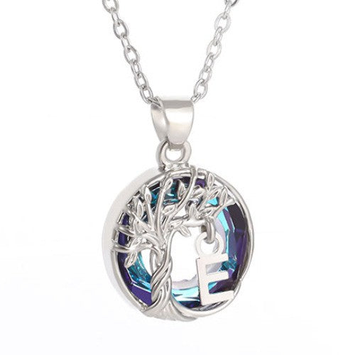 Elegant Blue Crystal Tree Initial Necklace