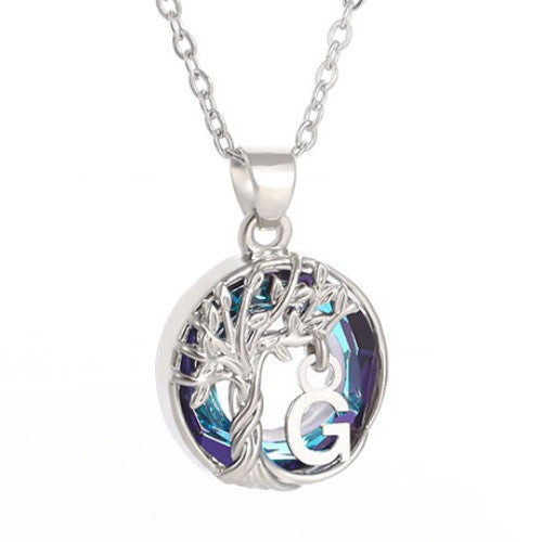Elegant Blue Crystal Tree Initial Necklace