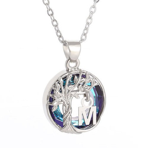 Elegant Blue Crystal Tree Initial Necklace