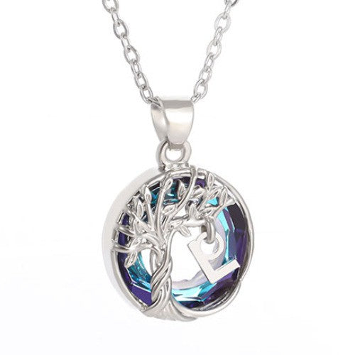 Elegant Blue Crystal Tree Initial Necklace