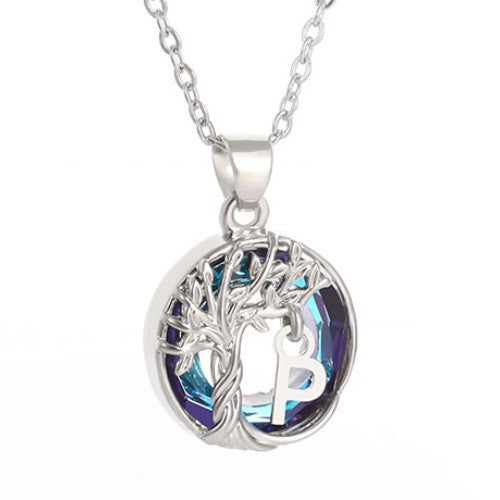 Elegant Blue Crystal Tree Initial Necklace