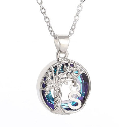 Elegant Blue Crystal Tree Initial Necklace