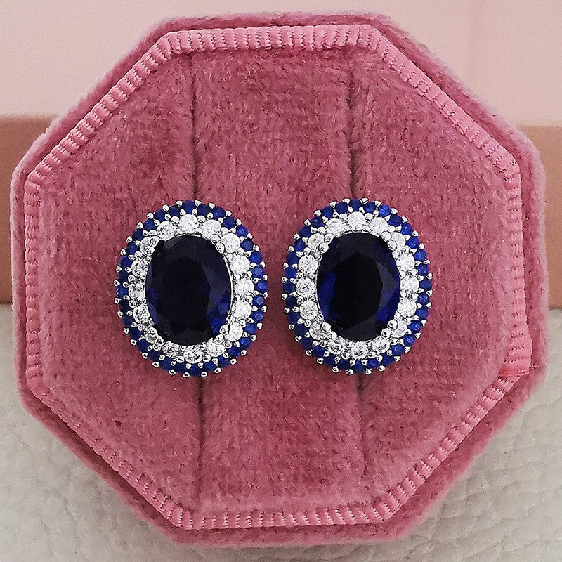Classy Royal Blue Oval Halo Stud Earrings