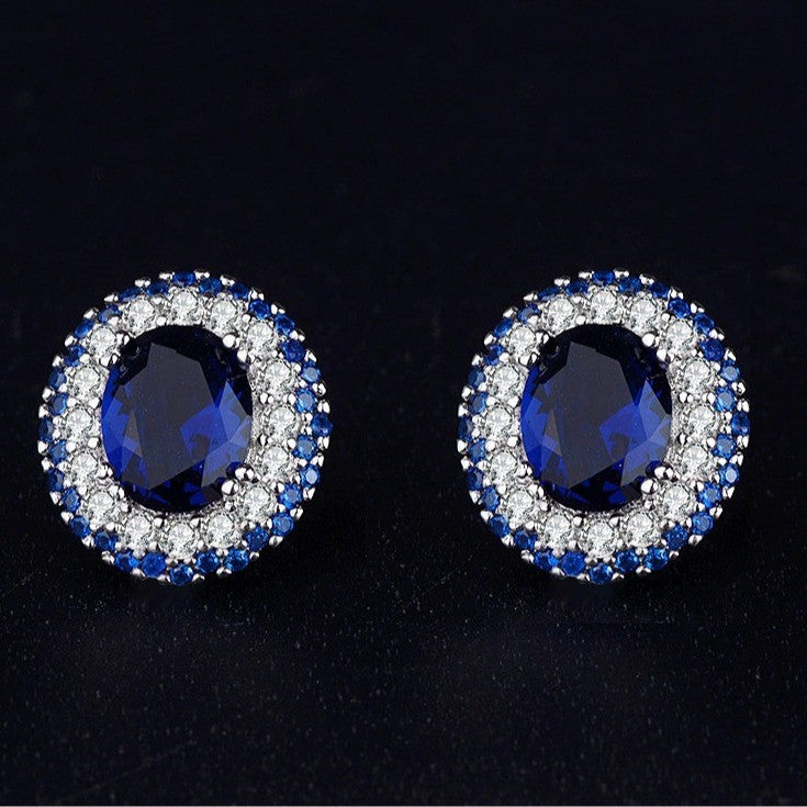 Classy Royal Blue Oval Halo Stud Earrings